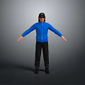 Man in Blue Jacket Black Cap and Black Pants with Arms Outstretched Against Gray Background