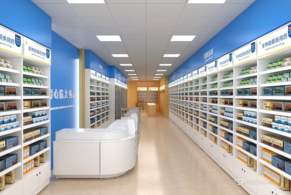 Pharmacy Store Interior With Blue Walls White Shelves Medication Displays And Checkout Counter 3d model 