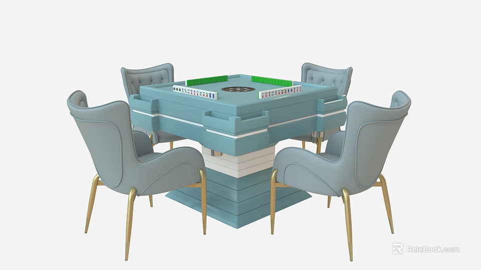 Blue Entertainment Table With Green Center Surface And Four Gray Upholstered Gold Leg Chairs 3d model 