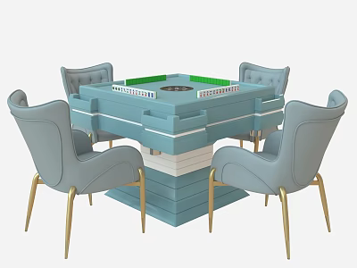 Blue Entertainment Table With Green Center Surface And Four Gray Upholstered Gold Leg Chairs 3d model