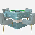 Blue Entertainment Table With Green Center Surface And Four Gray Upholstered Gold Leg Chairs