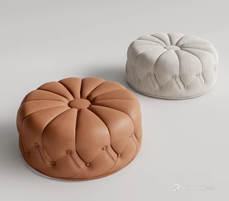 Two Round Tufted Ottoman Stools in Brown and Light Gray Modern Style 3d model 