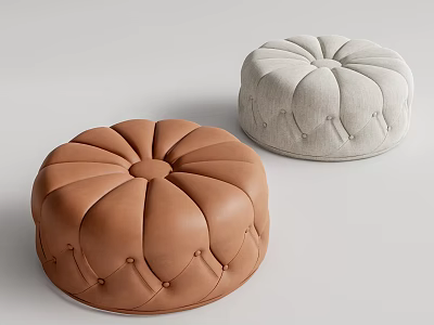 Two Round Tufted Ottoman Stools in Brown and Light Gray Modern Style 3d model