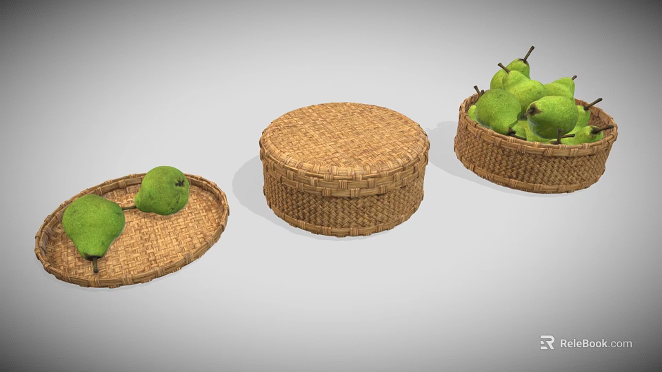Wicker Daily Necessities Including Trays And Box With Fresh Green Pears 3d model 