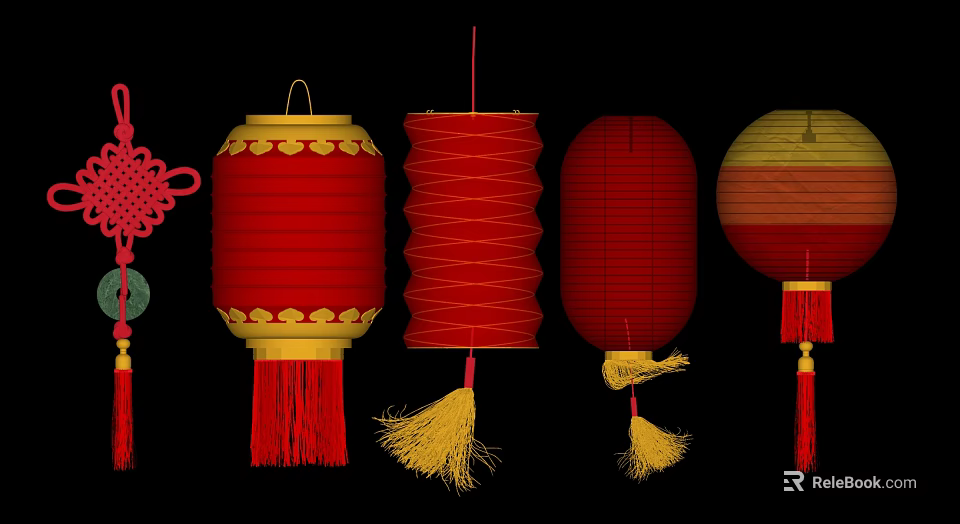 Traditional Chinese Red Lanterns with Various Shapes Yellow Decorations Tassels and Chinese Knot 3d model 