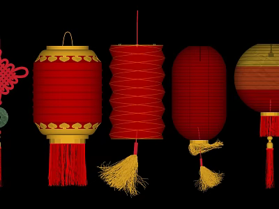 Traditional Chinese Red Lanterns with Various Shapes Yellow Decorations Tassels and Chinese Knot 3d model