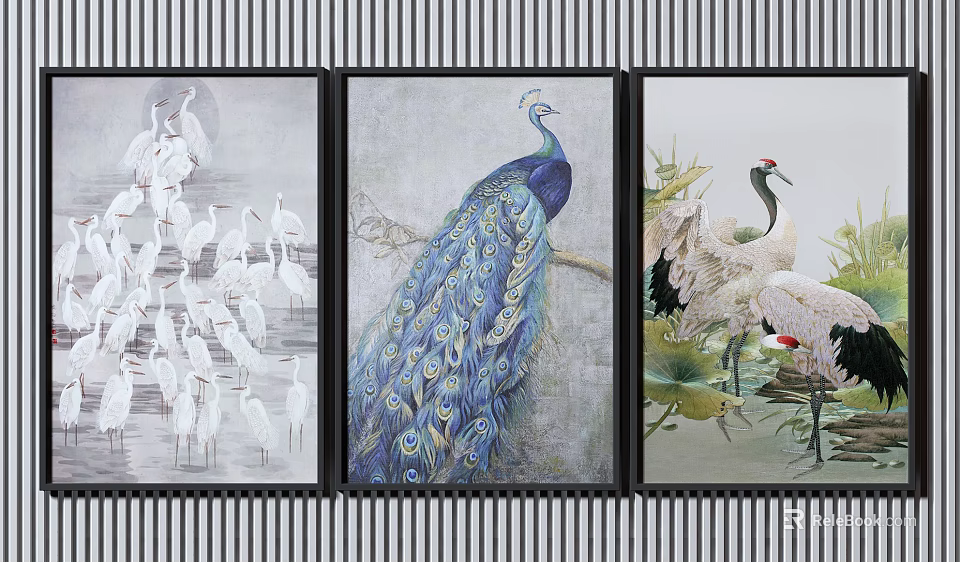 Decorative Animal Paintings With White Cranes Peacock Red Crowned Cranes And Lotus Framed Wall Art 3d model 