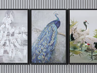 Decorative Animal Paintings With White Cranes Peacock Red Crowned Cranes And Lotus Framed Wall Art 3d model