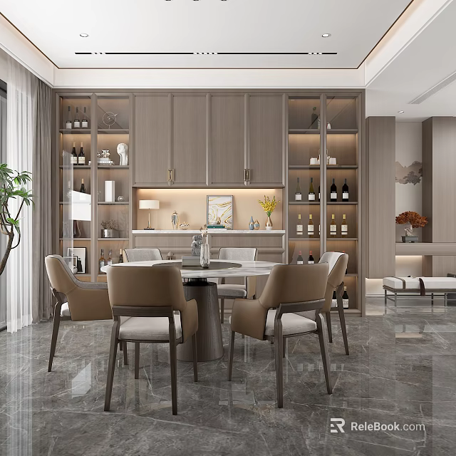 Modern Dining Room Interior Design With Gray Cabinets Dining Table Chairs And Wine Storage 3d model