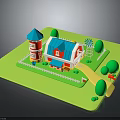 Colorful Farm Barn Building with Blue Roof White Fence Green Grass Windmill and Trees