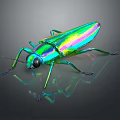 Colorful Metallic Beetle With Iridescent Green And Purple Shell On Dark Background With Reflection