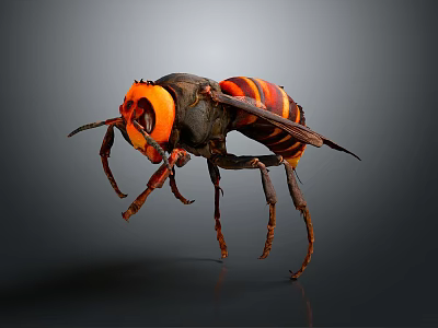 Detailed Black and Orange Striped Hornet With Large Head and Prominent Eyes Close Up View 3d model