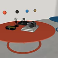 Red Round Coffee Table With Camera Small Box And Colorful Spheres 3d model