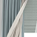 Light Blue And Beige Curtains With White Sheer Panel And Patterned Window Blind 3d model