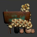 Rusted Turquoise Wheelbarrow Decorative Arrangement With Clay Pots Bagel Bunches And Small Clay Vessels