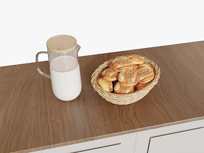 Fresh Sesame Bread In Wicker Basket And Milk Jug On Wooden Tabletop 3d model Fresh Sesame Bread In Wicker Basket And Milk Jug On Wooden Tabletop 3d model