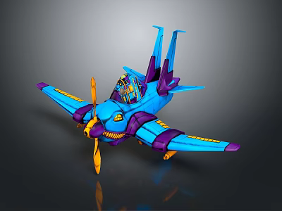 Colorful Blue And Purple Toy Airplane With Yellow Propeller And Wings 3d model