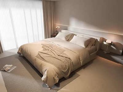 Modern Double Bed Bedroom Interior With Beige Bedspread Pillows And Bedside Lamp 3d model