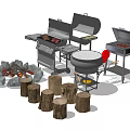Outdoor Grilling Setup With Grills Bonfire And Wooden Stump Seating