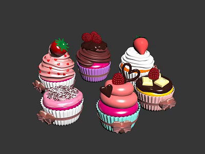 Colorful Cupcake Ornament Decorative Figurine Set with Strawberry Raspberry Chocolate Bow Accents 3d model