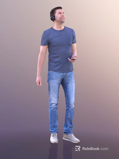 Man in blue T shirt and jeans holding mobile phone standing against gradient gray background 3d model 
