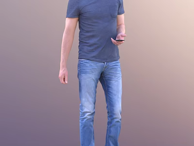 Man in blue T shirt and jeans holding mobile phone standing against gradient gray background 3d model