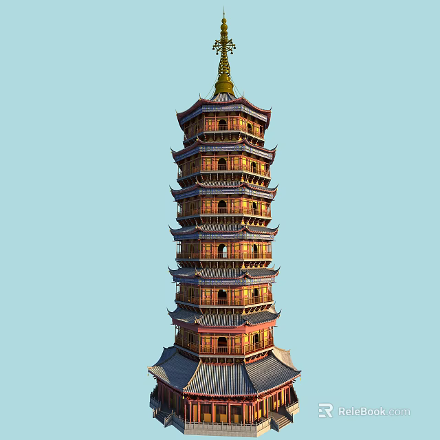 Traditional Chinese Ancient Pagoda Featuring Multiple Layers Golden Spire And Ornate Red Eaves 3d model 