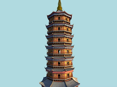 Traditional Chinese Ancient Pagoda Featuring Multiple Layers Golden Spire And Ornate Red Eaves 3d model