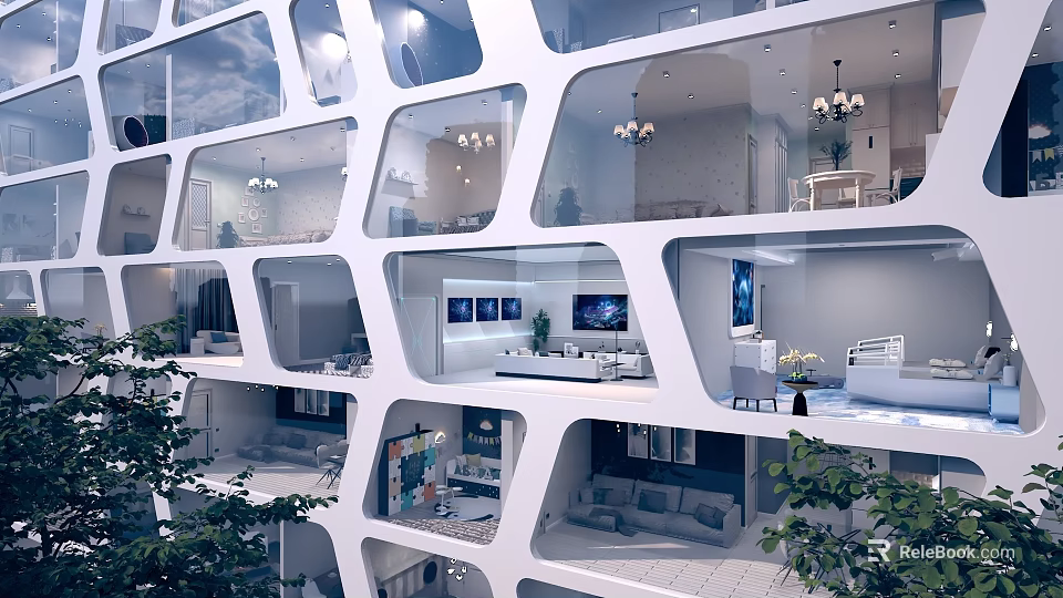 Modern Architectural Building with Geometric Windows and Interior Living Spaces Including Greenery 3d model 