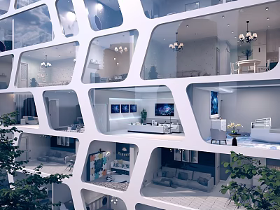 Modern Architectural Building with Geometric Windows and Interior Living Spaces Including Greenery 3d model