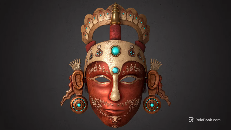 Ornate Red Mask Featuring Golden Decorations Blue Gemstones Crown Top And Side Ornaments 3d model 