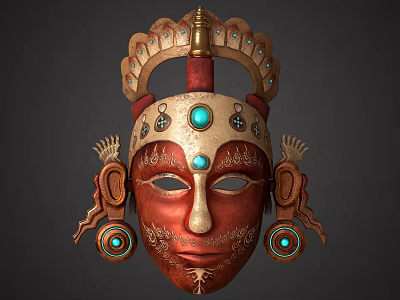 Ornate Red Mask Featuring Golden Decorations Blue Gemstones Crown Top And Side Ornaments 3d model