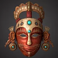 Ornate Red Mask Featuring Golden Decorations Blue Gemstones Crown Top And Side Ornaments