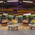 Modern Supermarket Department Store Featuring Open Shelves Organized Product Displays and Bright Lighting