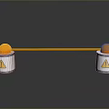 Two White Cylinders With Orange Spheres And Orange Connecting Rod Featuring Warning Signs