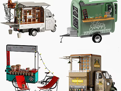 Variety Of Mobile Food Trucks With Distinct Designs And Setups 3d model