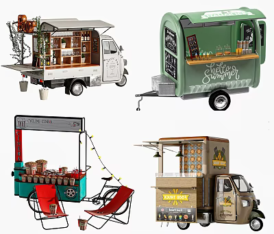 Variety Of Mobile Food Trucks With Distinct Designs And Setups 3d model