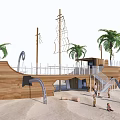 Wooden Pirate Ship Play Equipment With Slide And Palm Trees On Sand Beach