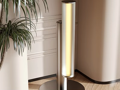 Modern Cylindrical Floor Lamp Featuring Metal Finish Warm Glow And Green Plant In Minimalist Room 3d model