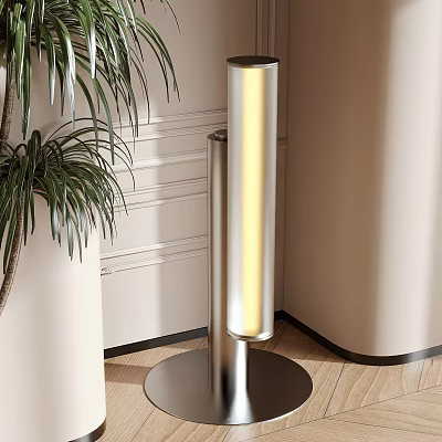 Modern Cylindrical Floor Lamp Featuring Metal Finish Warm Glow And Green Plant In Minimalist Room 3d model