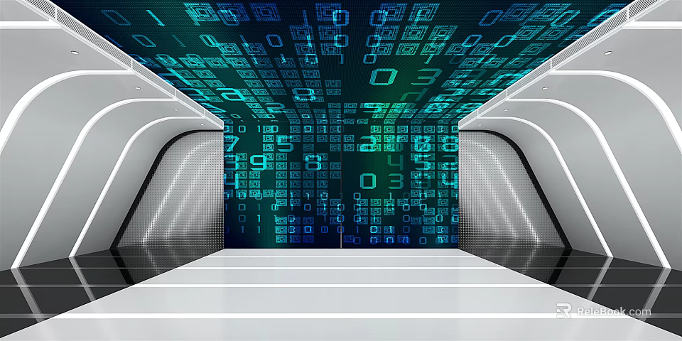 Futuristic Digital Space With Binary Code And Glowing Digits On Walls 3d model