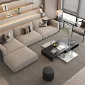 Modern Beige L shaped Sofa And Black Coffee Table With Throw Pillows In Living Room