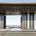 Modern Wooden Entrance Gate With Slatted Roof And Grass Lawn Front