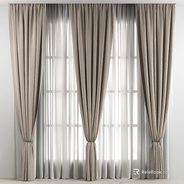 Elegant Beige Curtains With Pleated Design And Sheer Layers For Modern Window Decor 3d model 