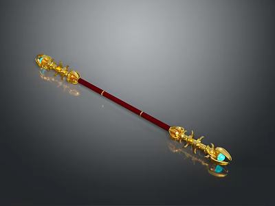 Ornate Red Staff Weapon With Golden End Decorations And Blue Gemstones 3d model