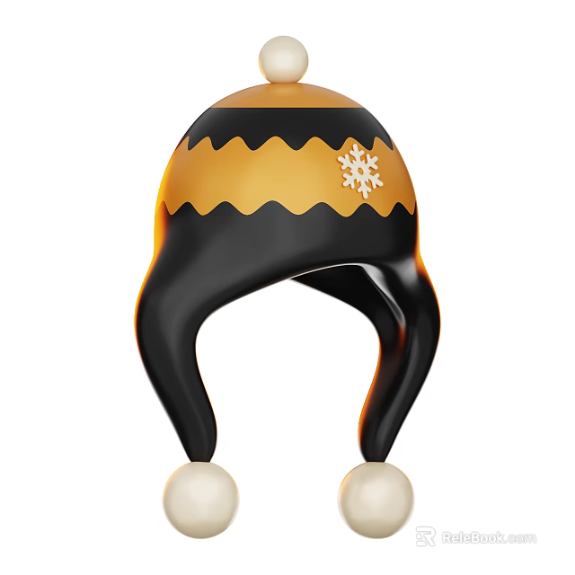 Warm Winter Black Hat With Yellow Wavy Pattern White Snowflake Design And White Pom Poms 3d model 