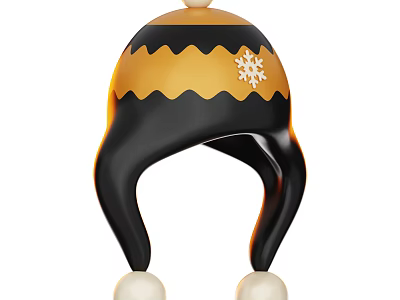 Warm Winter Black Hat With Yellow Wavy Pattern White Snowflake Design And White Pom Poms 3d model