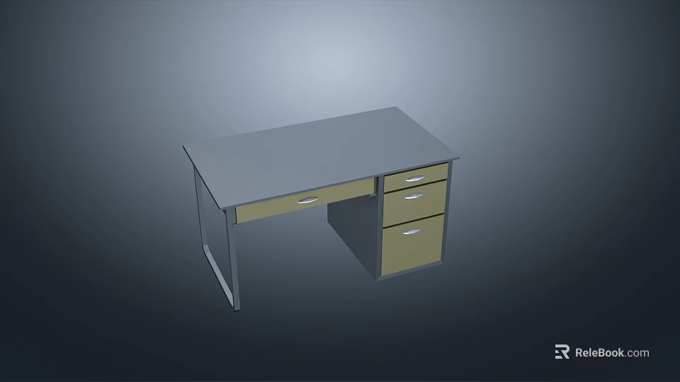 Modern Office Desk With Gray Tabletop Metal Frame And Three Drawers 3d model 