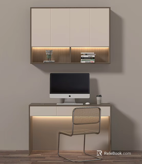 Modern Home Desk With LED Lighting Wall Cabinet Books And iMac Computer 3d model 