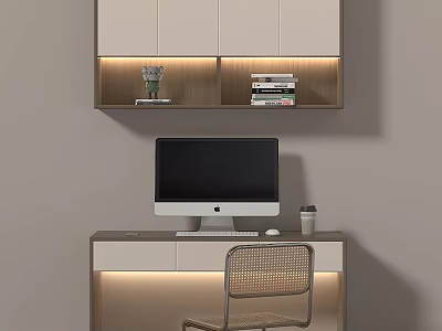 Modern Home Desk With LED Lighting Wall Cabinet Books And iMac Computer 3d model